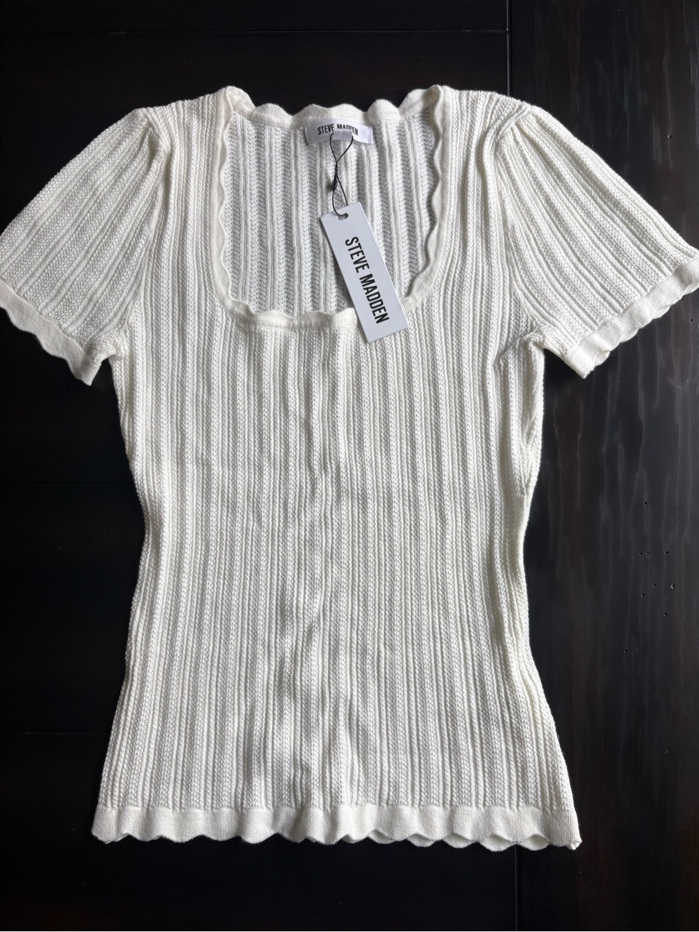Steve Madden Cream Ribbed Scoop Neck Short Sleeve Top